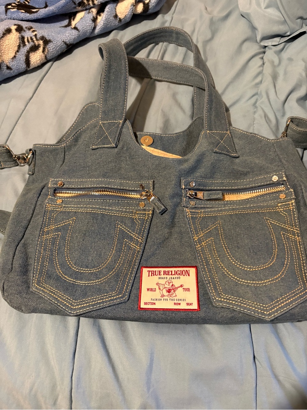 True Religion Denim Tote in Light Blue with Contrast Stitching